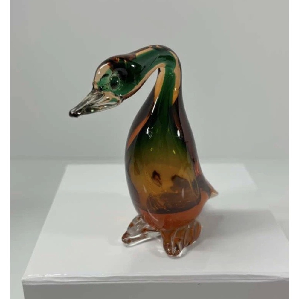 MCM Murano Sommerso Glass Duck Figurine Glass Duck Italian Green Amber 4.5‎ Inch